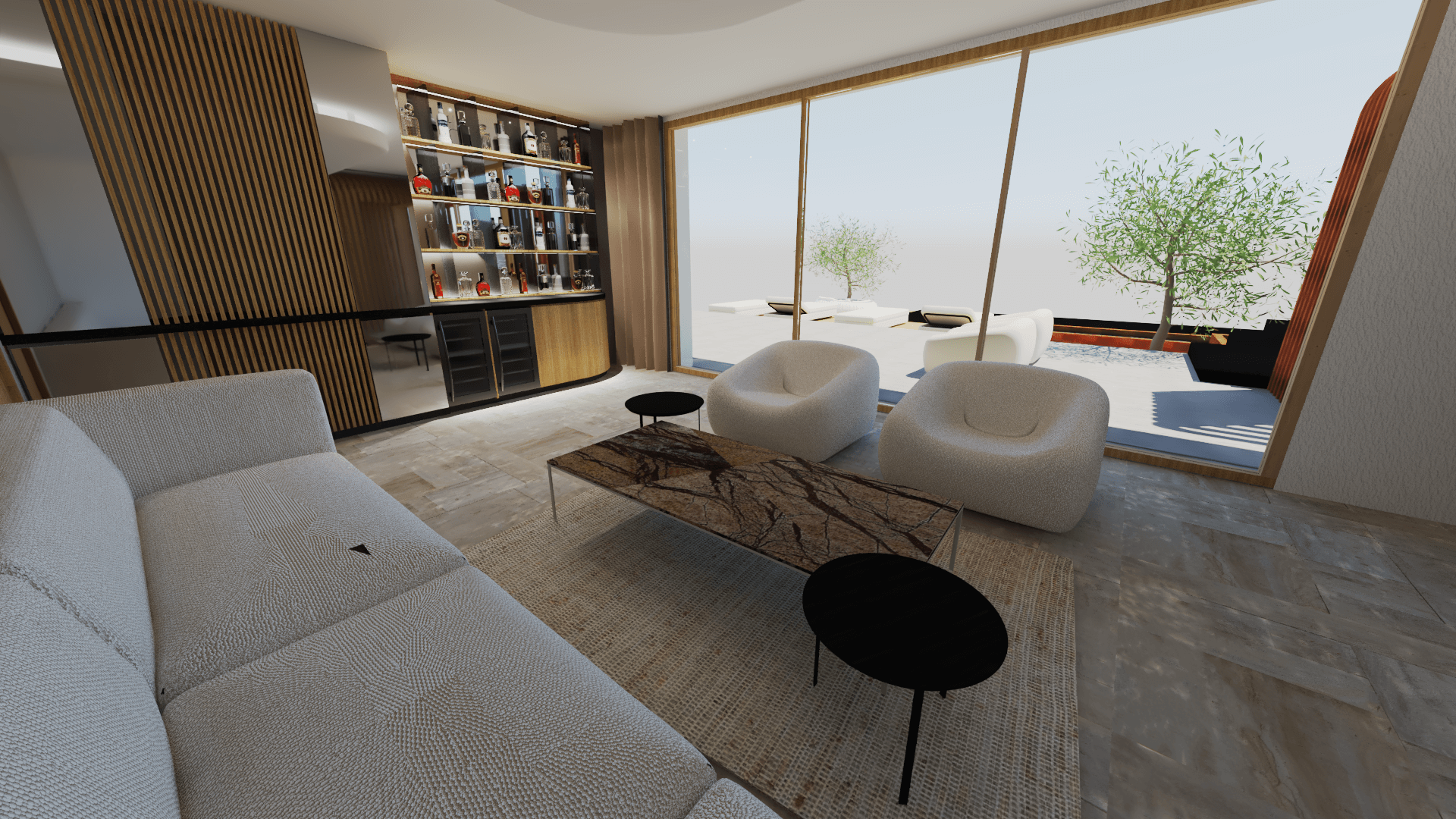Une représentation 3D du couloir d'un spa dans une villa de luxe sur la Côte d'Azur