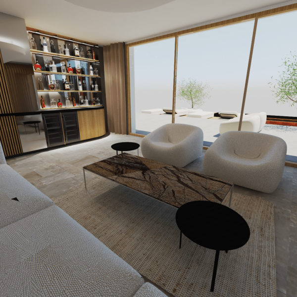 Une représentation 3D d'un salon dans une villa de luxe sur la Côte d'Azur